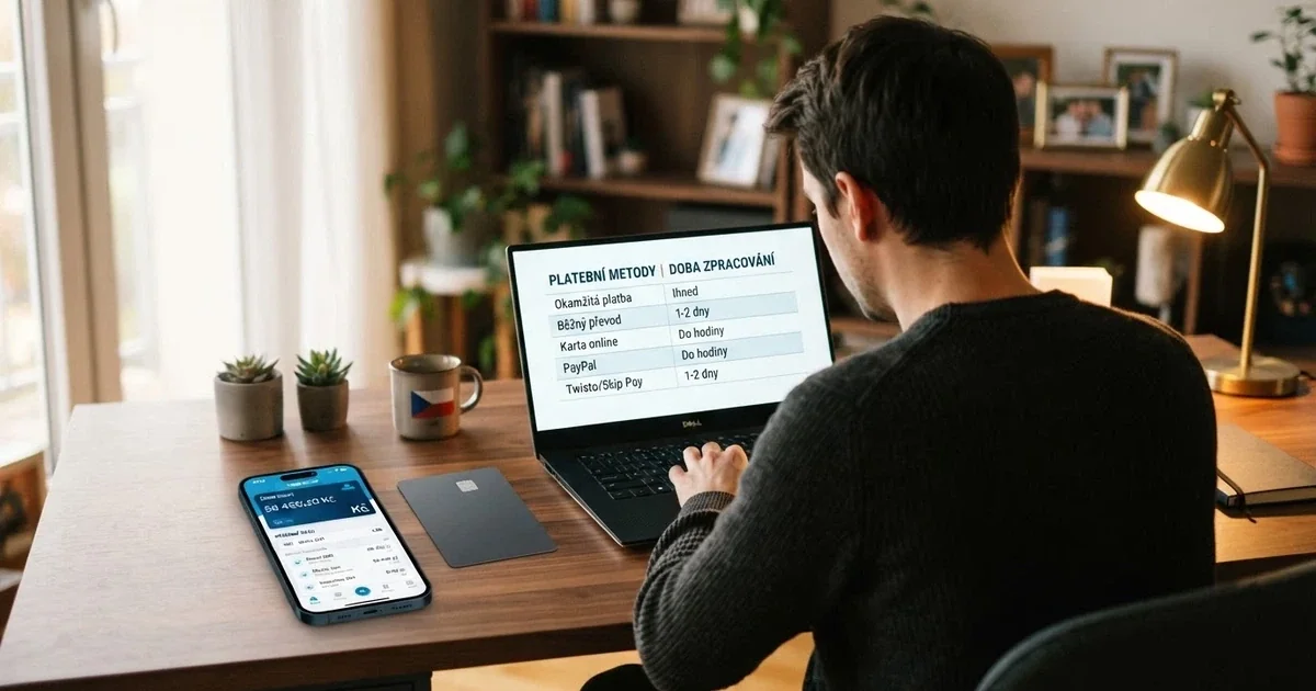 Hráč u notebooku porovnávající online kasina podle rychlosti výběru, na stole leží platební karta a mobil s bankovní aplikací